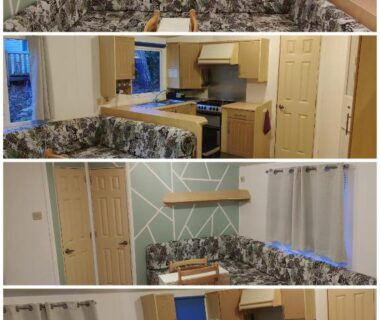 Intérieur salon et kitchenette dans le mobil-home du camping MBIMBE AGNES