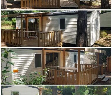 Terrasses de mobil-homes sous les pins au camping MBIMBE AGNES