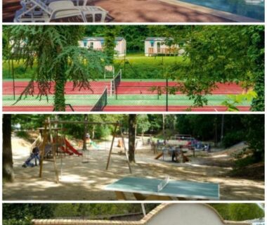 Piscine extérieure avec transats courts de tennis et aire de jeux dans le camping MBIMBE AGNES