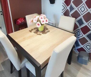 Coin repas avec table en bois et quatre chaises dans le MH 127 Bois Dormant 3ch climatisé