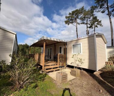Terrasse en bois avec jardinières et pins du mobil-home MH 314 GRAND 3 chambres et 1 salle de bain