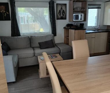 Séjour avec canapé table et kitchenette du MH 329 Camping Bois Dormant