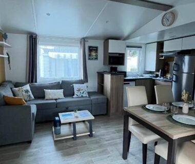 Séjour avec canapé table basse et kitchenette dans le MH 385 Les Dunes de Contis