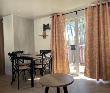 Séjour avec table chaises et porte-fenêtre donnant sur terrasse du MH 399
