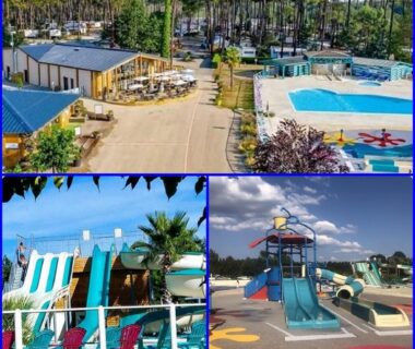 Piscine avec toboggans et aires de jeux dans le camping MH 3CH à l’océan Landais chez Claiclé