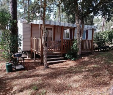 Mobil-home sur terrasse ombragée au milieu des pins du MH 475 ELEGANZIA 2CH ET 1sdb