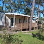 Terrasse en bois dans la pinède du MH 495 SALSA 2 chambres et 1 salle de bain