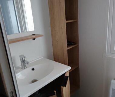 Salle de bains avec lavabo et étagères du MH F101 Camping Bois Masson