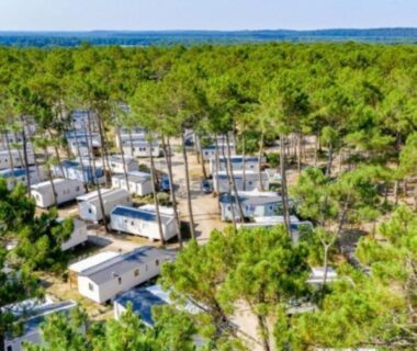 Vue aérienne des mobil-homes au milieu des pins du MH239 BORA BORA 3ch ET 1sdb