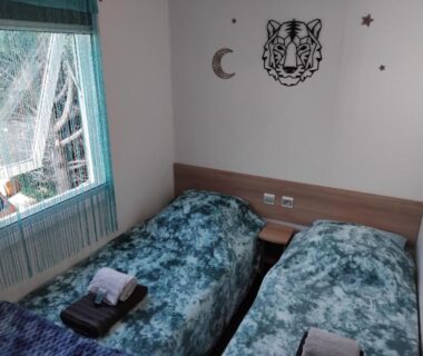 Chambre avec deux lits et fenêtre dans le mobil home Glamping Confort