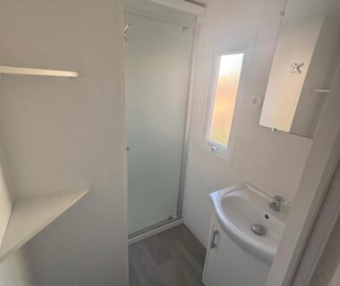 Salle de bain avec douche lavabo et miroir du Mobil Home Jasmin 38