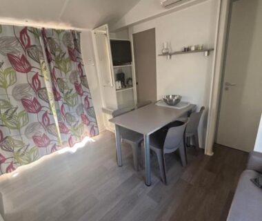 Intérieur avec coin repas table chaises et climatisation du MOBIL HOME Jasmin 38