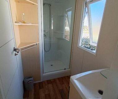 Salle d'eau avec cabine de douche et lavabo du mobil home Lucky