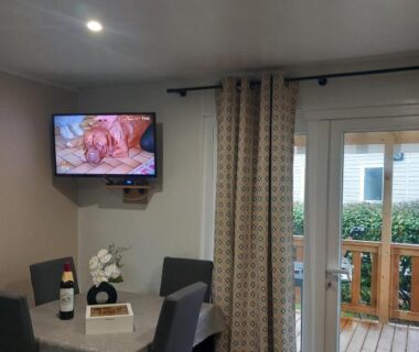 Séjour avec table et télévision donnant sur la terrasse du MOBIL HOME TOUT CONFORT Camping LA RESERVE
