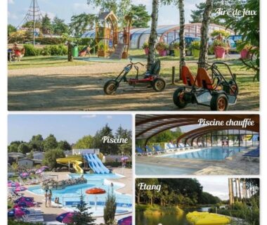 Aire de jeux piscines extérieures et intérieure et étang du MOBILHOME 3 CH CAMPING 4*