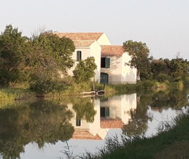 Bord d'étang avec maison et reflet dans l'eau du MOBILHOME agréable sans draps ni serviettes