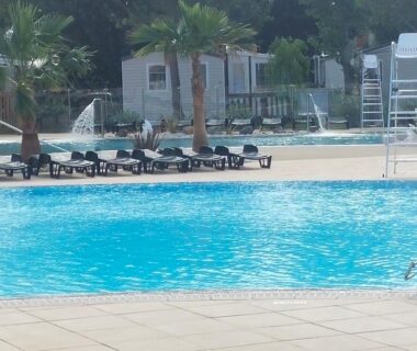 Bord de piscine avec transats et palmiers au mobil-home Le Narbonnais