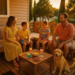 Terrasse en bois avec famille et chien au Mar Estang LUXURY Eden 45m2
