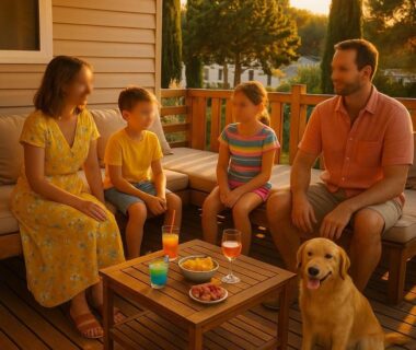 Terrasse en bois avec famille et chien au Mar Estang LUXURY Eden 45m2