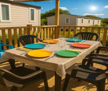 Terrasse avec table dressée et chaises du mobil-home Mar Estang LUXURY Eden 45m2