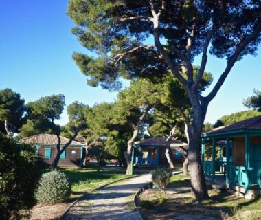 Allée ombragée à Martigues et chalets en bois dans les Chalets de la Mer
