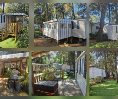 Terrasse avec spa et mobil-home au milieu des arbres dans le Mhstbrevin109