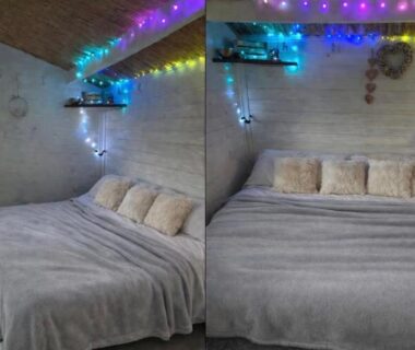 Intérieur du mini chalet avec lit et guirlandes lumineuses dans le Mini chalet cozy esprit zen & insolite
