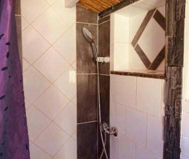Douche carrelée avec pommeau et miroir dans le Mini chalet cozy esprit zen et insolite