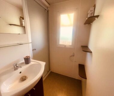 Salle de bain avec lavabo et douche dans le Mobi Home Palmiers 2