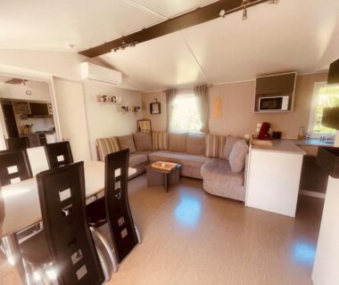 Salon avec canapé coin repas et kitchenette dans le Mobi Home Palmiers 2