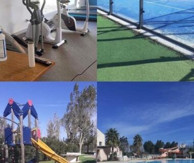 Piscine extérieure aire de jeux et terrain de padel au Mobihome