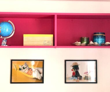 Mur intérieur avec étagère rose globe et cadres dans le Mobil Home 5pers proche EUROPA PARK dans Camping 3étoiles