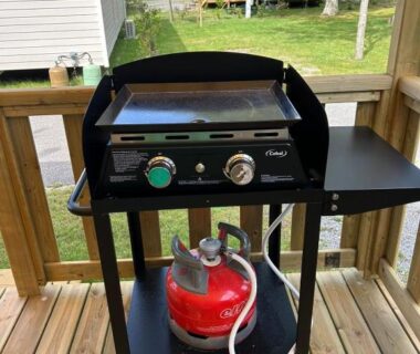 Terrasse avec barbecue et bouteille de gaz du Mobil Home 6-8p 3ch 2sb Clim