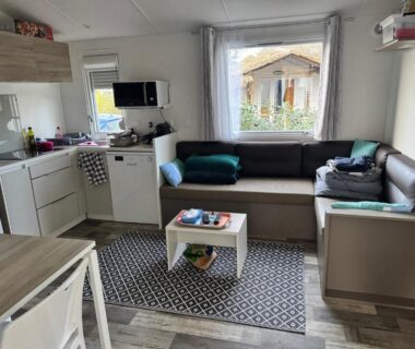 Salon avec kitchenette et canapé dans le Mobil Home 6 à 8 personnes avec jardin