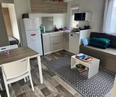Séjour avec kitchenette table et canapé dans le Mobil Home 6 à 8 personnes avec jardin