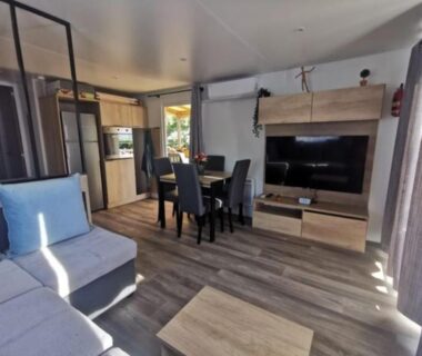 Intérieur salon avec canapé table et télévision du Mobil-Home 6 places climatisé avec WIFI