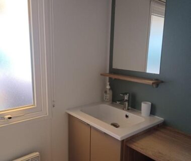 Salle de bains avec lavabo miroir et fenêtre dans le Mobil Home 710 Bora Bora 3 chambres