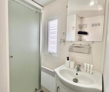 Salle de bain avec douche et lavabo dans le Mobil Home Abricotiers 1