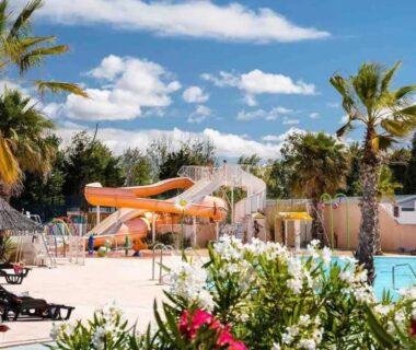 Piscine avec toboggans palmiers et chaises longues au Mobil Home Abricotiers 1