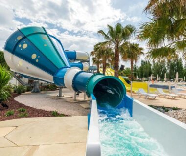 Piscine avec grand toboggan et palmiers au Mobil-Home La Carabasse