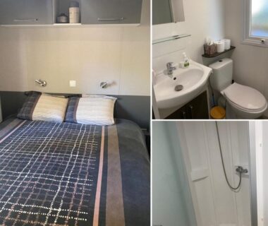 Intérieur avec lit double, lavabo et douche dans le mobil-home Les Terrasses Vias Plage