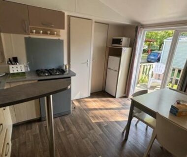 Intérieur avec kitchenette et terrasse donnant sur le camping du Mobil Home Ohana Camping du Ried