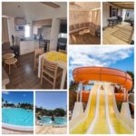 Piscine avec toboggan et séjour intérieur du Mobil-Home SIBLU VALRAS PLAGE chez Eric et Céline