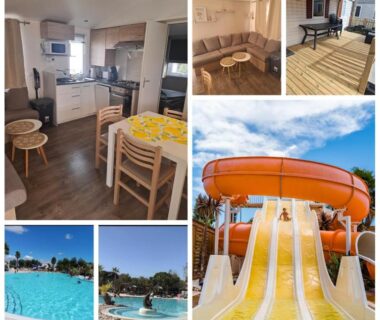 Piscine avec toboggan et séjour intérieur du Mobil-Home SIBLU VALRAS PLAGE chez Eric et Céline