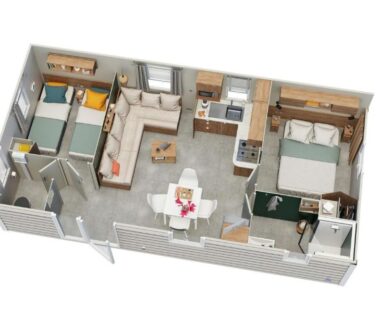 Plan intérieur du mobil-home montrant salon cuisine et deux chambres du Mobil-Home VI07 Camping La Carabasse VIAS-PLAGE