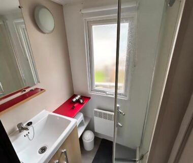 Salle d'eau avec douche vitrée et lavabo dans le Mobil-Home à Camiers Sainte Cécile