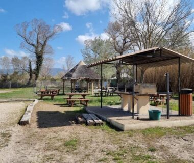 Aire barbecue avec tables et bancs ombragés au Mobil Home climatisé 6 personnes