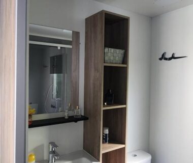 Salle de bain avec lavabo et WC du Mobil-Home climatisé de 40m2 à 800m de la plage