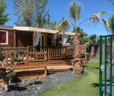Terrasse en bois avec palmiers du mobil-home climatisé de 40m2 à 800m de la plage