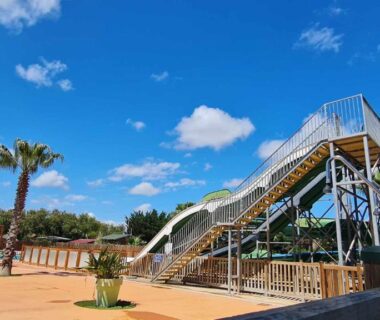 Espace piscine avec toboggans et palmiers au Mobil Home récent Camping La Palmeraie